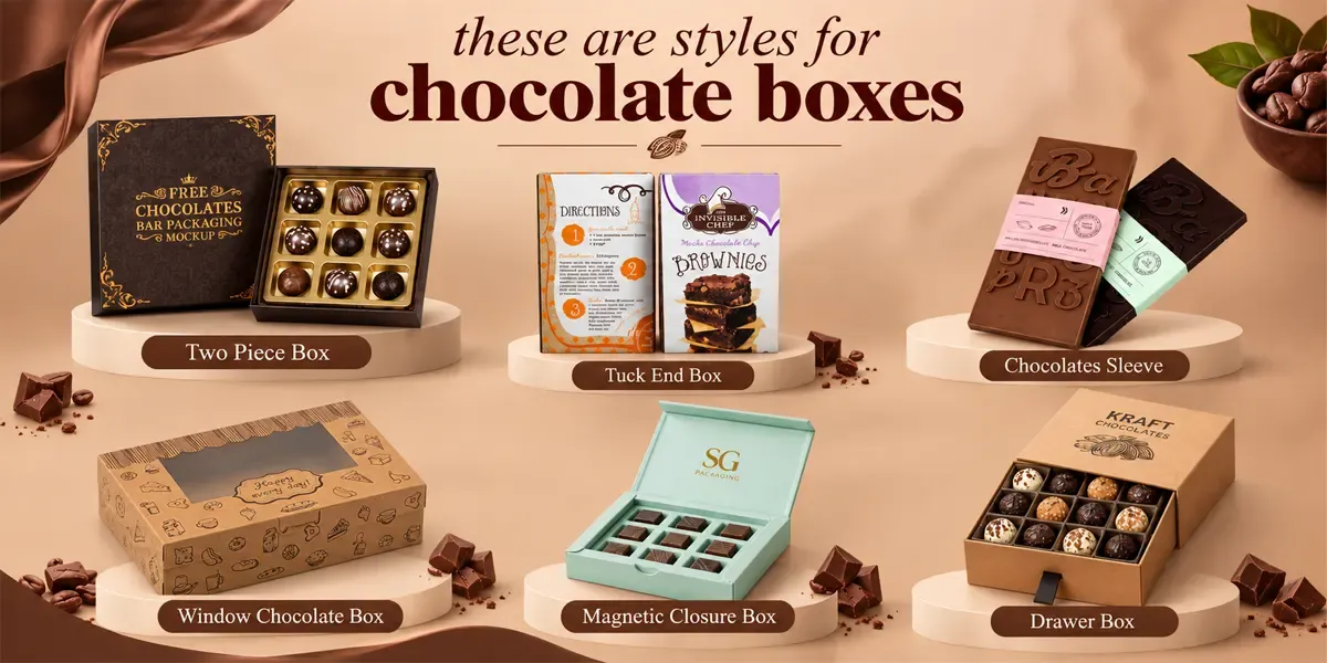 Two piece, tuck end, sleeve, window, magnetic closure, and drawer chocolate box styles